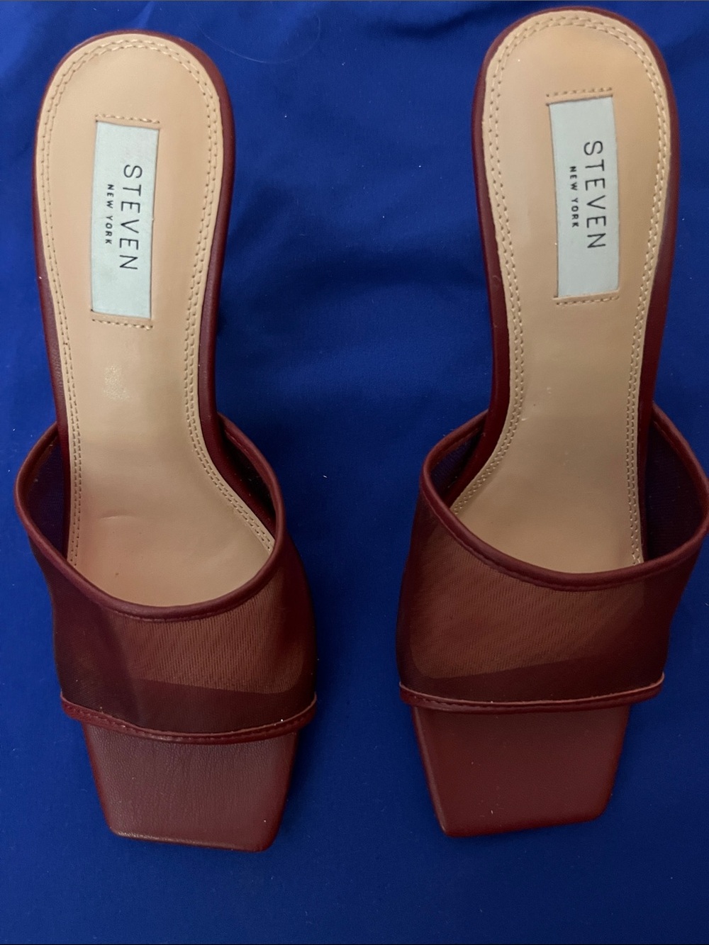 Steven New York Lydia mesh heeled sandals in a rich burgundy shade